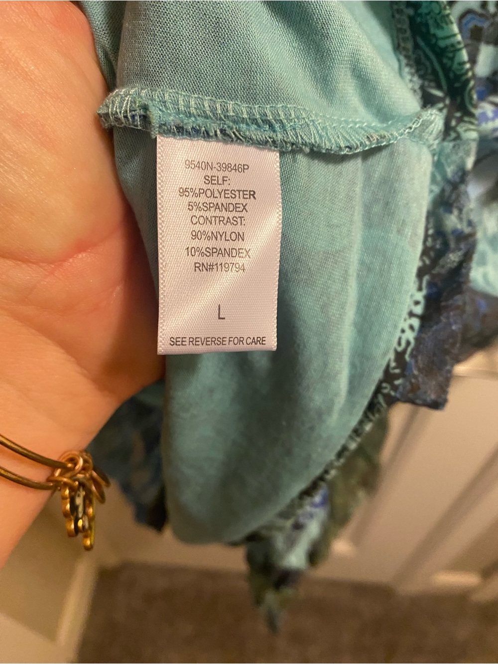 NWT One World L Top Bling Sublimation Blouse Large Lace Trim Shirt Blue Green Lg - Picture 6 of 10